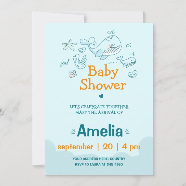 Cute Watercolor Blue Whale Boy Shower Inbjudningar (Framsida)