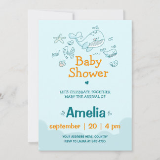 Cute Watercolor Blue Whale Boy Shower Inbjudningar