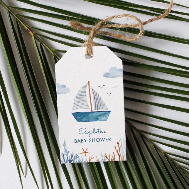 Cute Watercolor Boat Nautical Baby Shower Presentetikett (Skapare uppladdad)