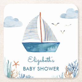 Cute Watercolor Boat Nautical Baby Shower Underlägg Papper Kvadrat