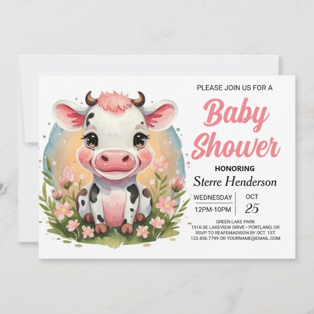 Cute Watercolor Boho Cow Baby Shower Inbjudningar (Framsida)