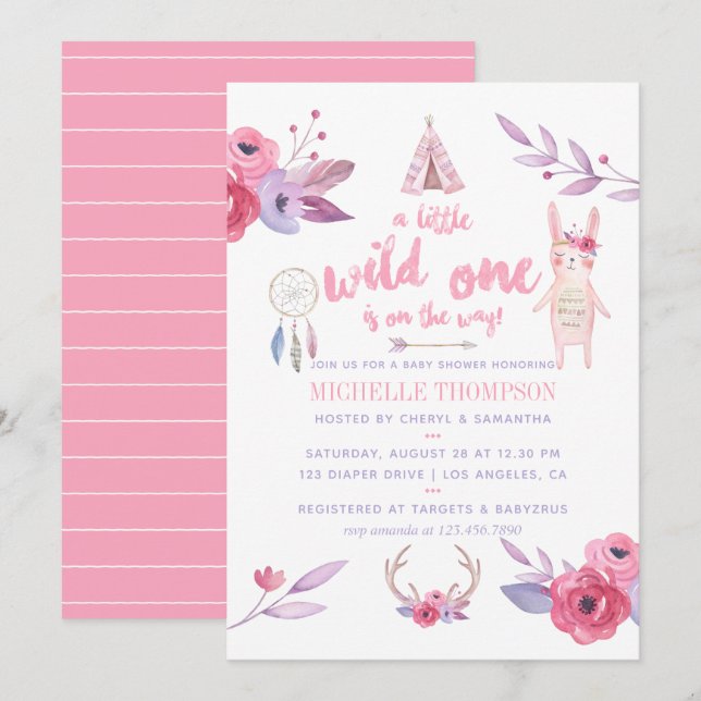 Cute Watercolor Boho Tribal Girl Baby Shower Inbjudningar (Fram/baksida)