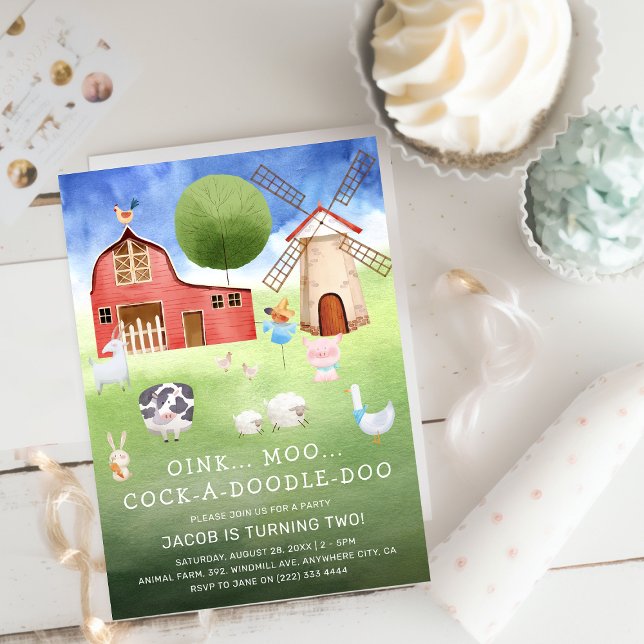 Cute Watercolor Boskap Barns födelsedag Inbjudningar (Skapare uppladdad)