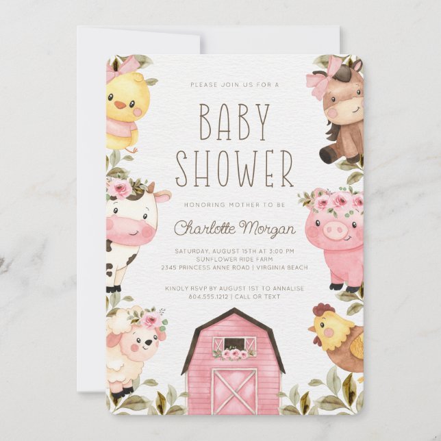 Cute Watercolor Boskap Barnyard Baby Shower Inbjudningar (Framsida)