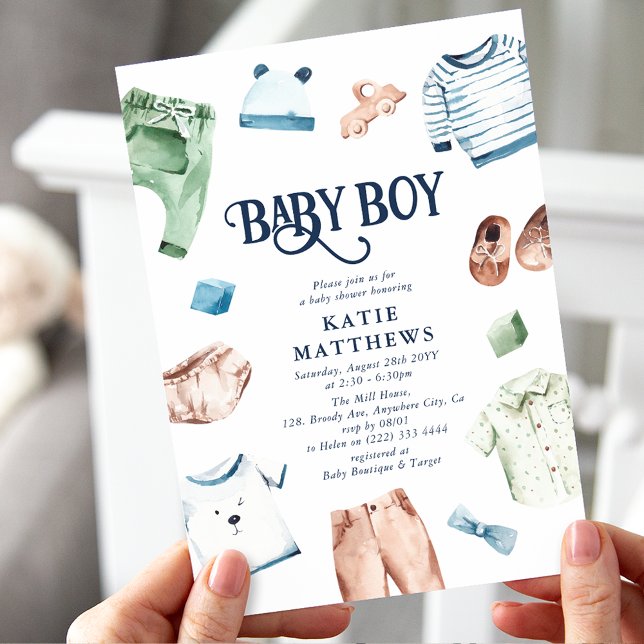 Cute Watercolor Boy Clothes BOY Baby Shower Inbjudningar (Skapare uppladdad)