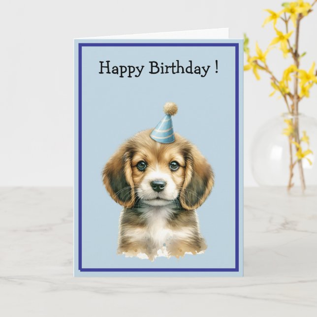 Cute Watercolor Brown Puppy Dog Happy Birthday  Kort (Gul blomma)