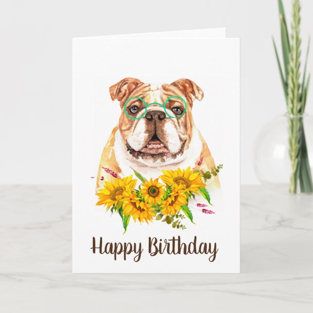 Cute Watercolor Bulldog & Sunblommor Birthday Kort (Framsida)