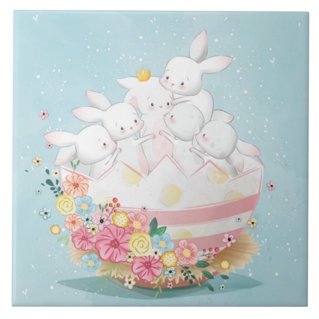Cute Watercolor Bunnies Ceramic Tile Kakelplatta (Framsidan)