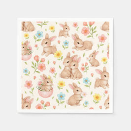 Cute Watercolor Bunnies & Flowers Pattern Pappersservett