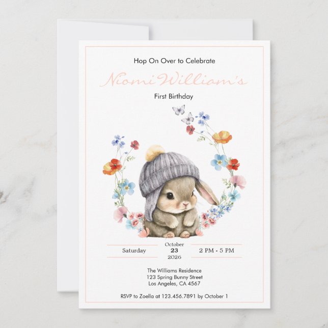 Cute Watercolor Bunny 1st Birthday Invitation Inbjudningar (Framsida)