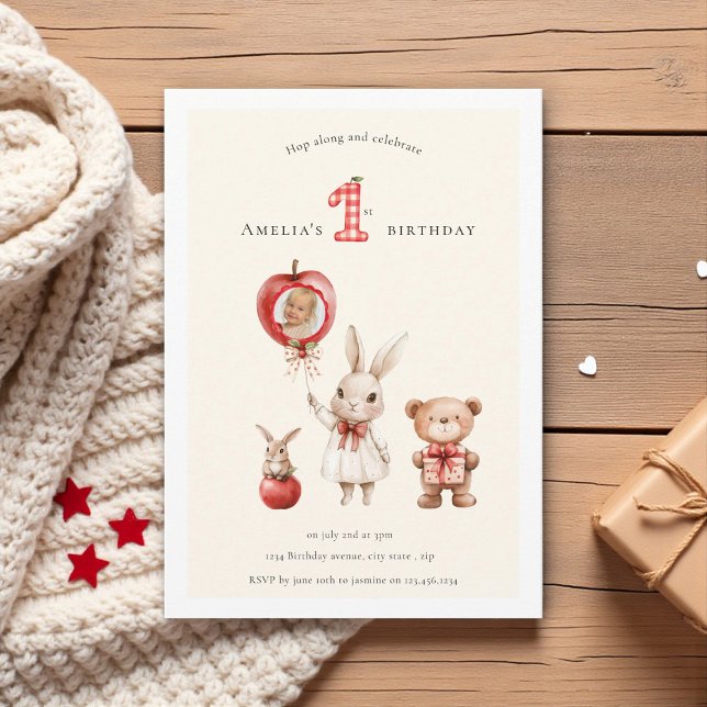 Cute watercolor Bunny Bear "1st" Birthday Inbjudningar (Skapare uppladdad)