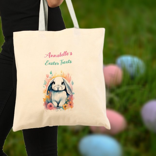 Cute Watercolor Bunny Blommigt Påskägg Hunt Bag Tygkasse (Skapare uppladdad)