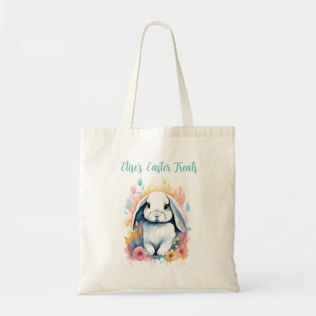 Cute Watercolor Bunny Blommigt Påskägg Hunt Bag Tygkasse (Framsidan)