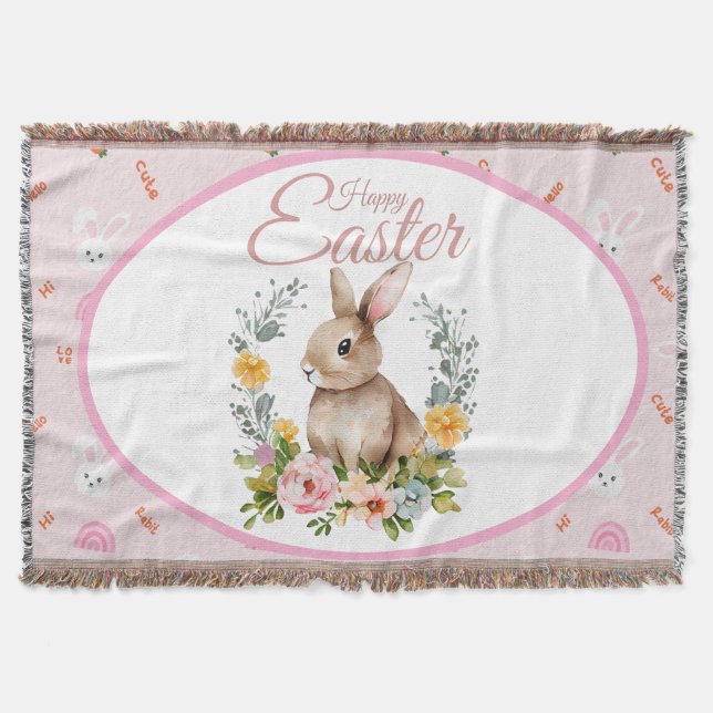 Cute Watercolor Bunny Floral Wreath Easter Filt (Framsidan)