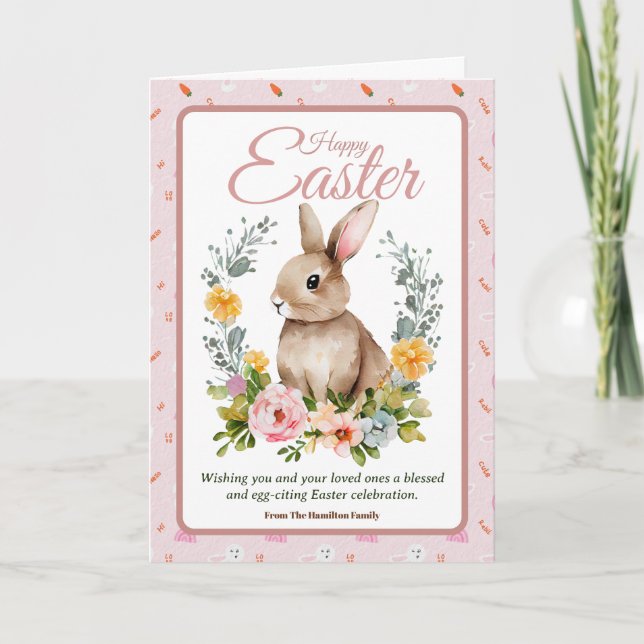 Cute Watercolor Bunny Floral Wreath Easter Helgkort (Framsida)