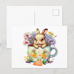 Cute Watercolor Bunny i Flower Tea Kopp Vykort