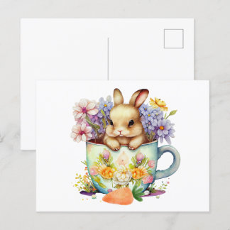 Cute Watercolor Bunny i Flower Tea Kopp Vykort