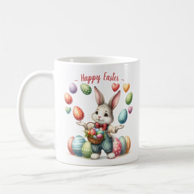 Cute Watercolor Bunny Juggling Påskägg Hearearts Kaffemugg (Vänster)