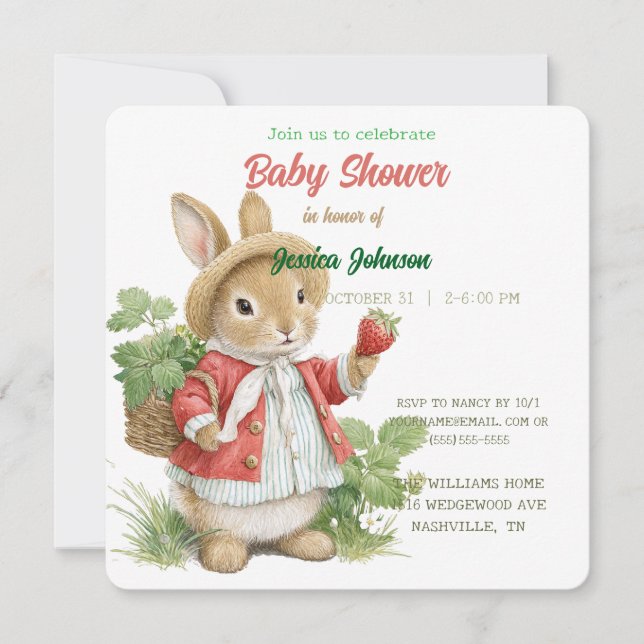 Cute Watercolor Bunny med jordgubbar Spara Datumet (Framsida)