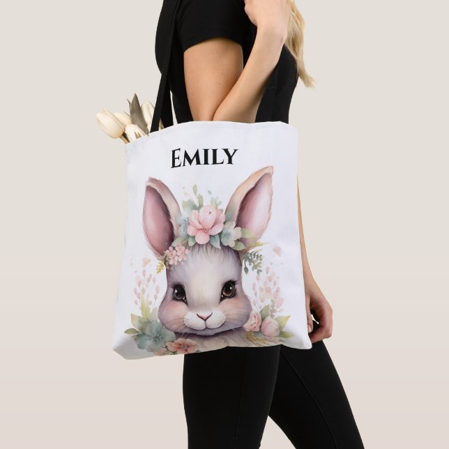 Cute Watercolor Bunny Påsk Namn Tote Bag Tygkasse (Närbild)