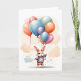 Cute Watercolor Bunny Rabbit Big Balloons blank Kort