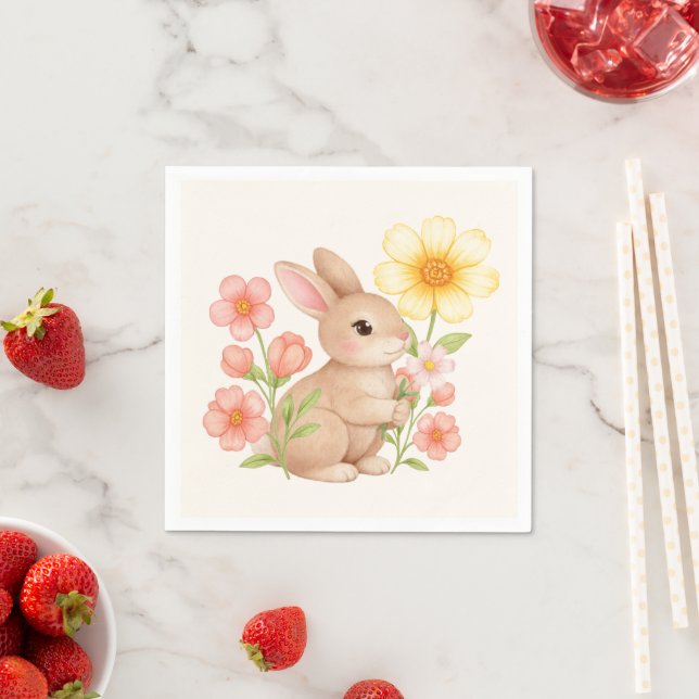 Cute Watercolor Bunny Rabbit Floral  Pappersservett (Insitu)