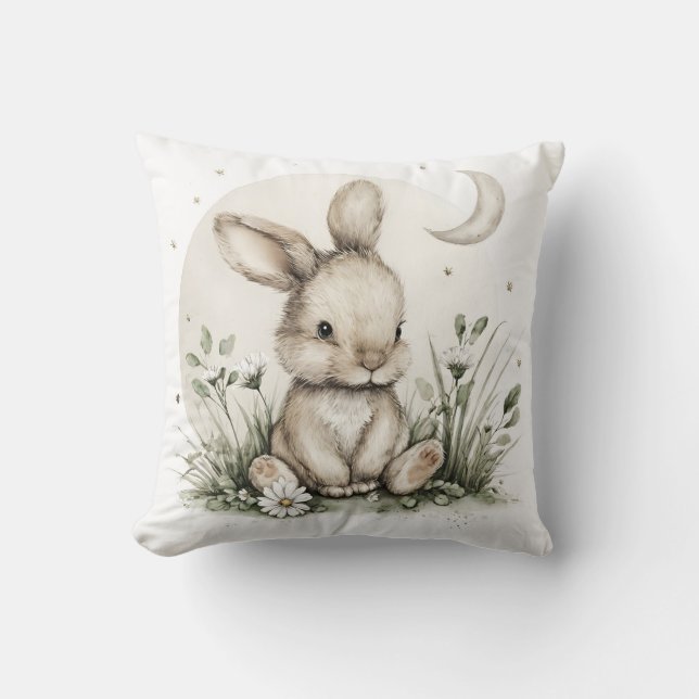 Cute Watercolor Bunny Rabbit with Moon and Stars Kudde (Framsida)
