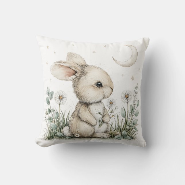 Cute Watercolor Bunny Rabbit with Moon and Stars Kudde (Framsida)