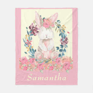Cute Watercolor Bunny Rosa Creme Blommigt Fleecefilt