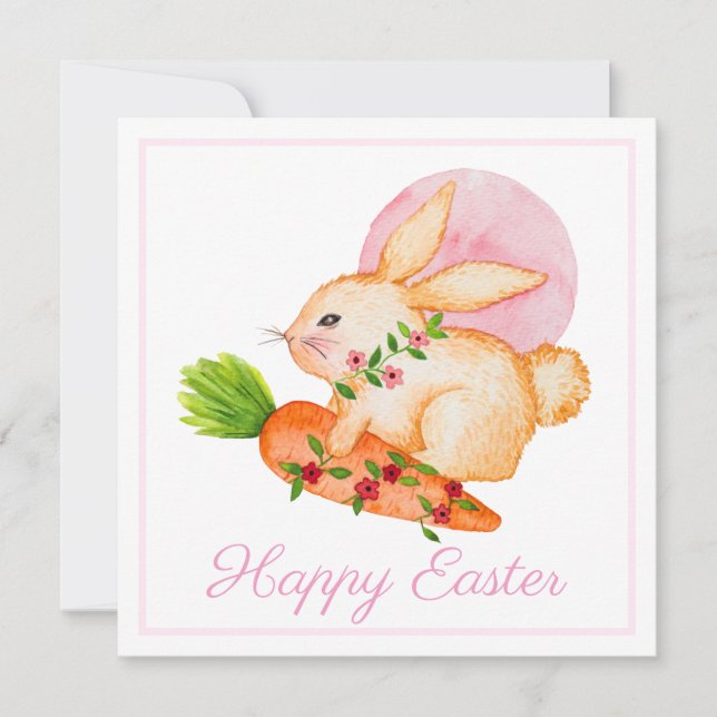 Cute Watercolor Bunny Rosa Glad påsk Card (Framsida)