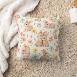 Cute Watercolor Bunny & Spring Flowers Pattern Kudde