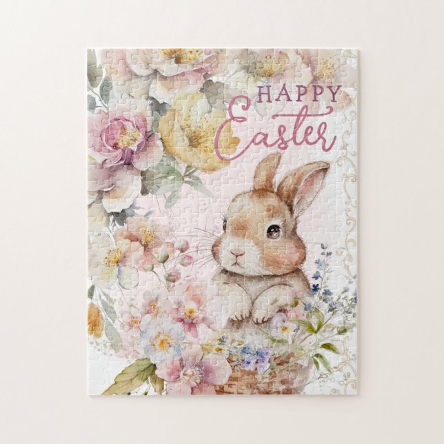 Cute Watercolor Bunny | Spring Flowers  Pussel (Vertikal)