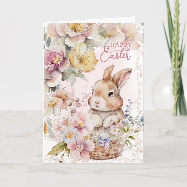 Cute Watercolor Bunny | VÅR BLOMMOR | Foto Kort (Framsida)