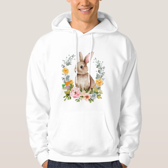 Cute Watercolor Bunny with Floral Wreath Hoodie (Framsida)