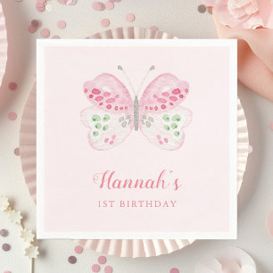 Cute Watercolor Butterfly 1st Birthday Party Rosa Pappersservett