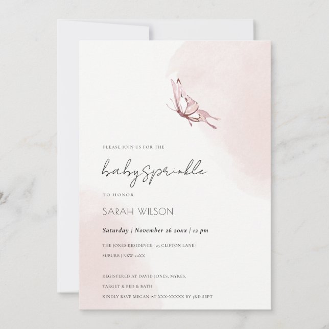Cute  Watercolor Butterfly Baby Shower Invita Inbjudningar (Framsida)