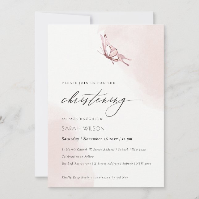 Cute  Watercolor Butterfly Christening Inbjudan (Framsida)