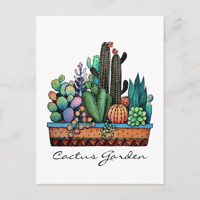 Cute Watercolor Cactus Garden in Beval Pot Vykort (Framsida)