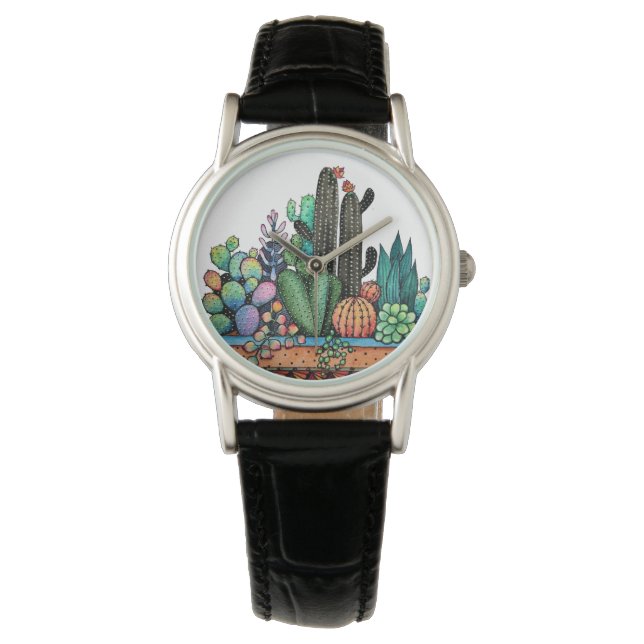 Cute Watercolor Cactus Garden in Pot Armbandsur (Framsida)