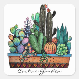 Cute Watercolor Cactus Garden in Pot Fyrkantigt Klistermärke