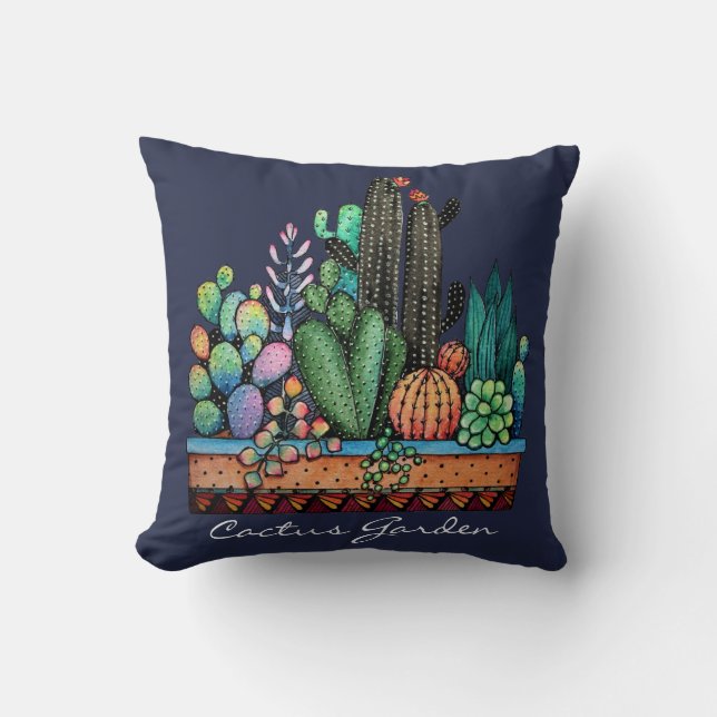 Cute Watercolor Cactus Garden in Pot Kudde (Framsida)