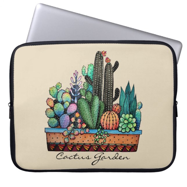 Cute Watercolor Cactus Garden in Pot Laptop Fodral (Framsidan)