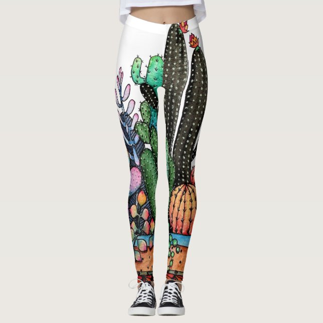 Cute Watercolor Cactus Garden in Pot Leggings (Framsida)