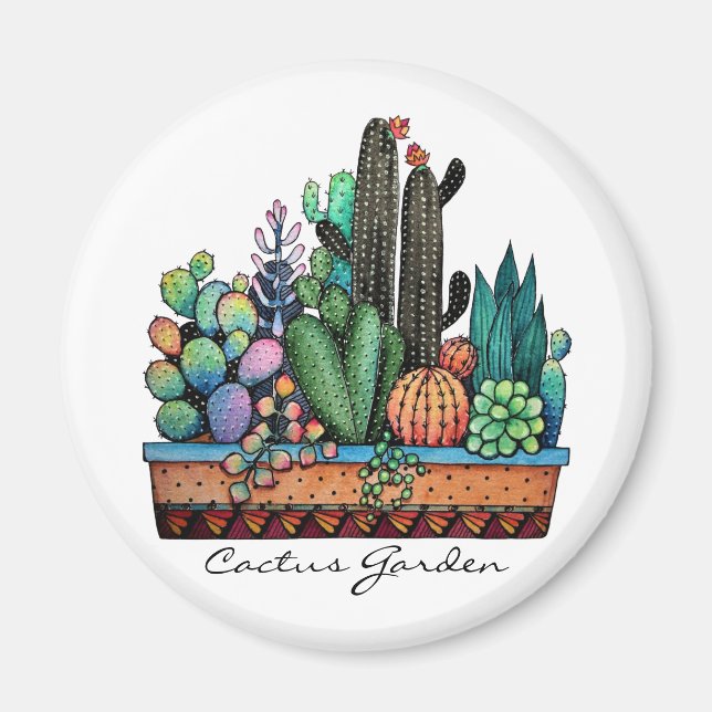 Cute Watercolor Cactus Garden in Pot Magnet (Framsidan)