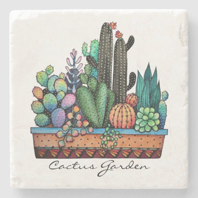 Cute Watercolor Cactus Garden in Pot Stenunderlägg (Framsidan)