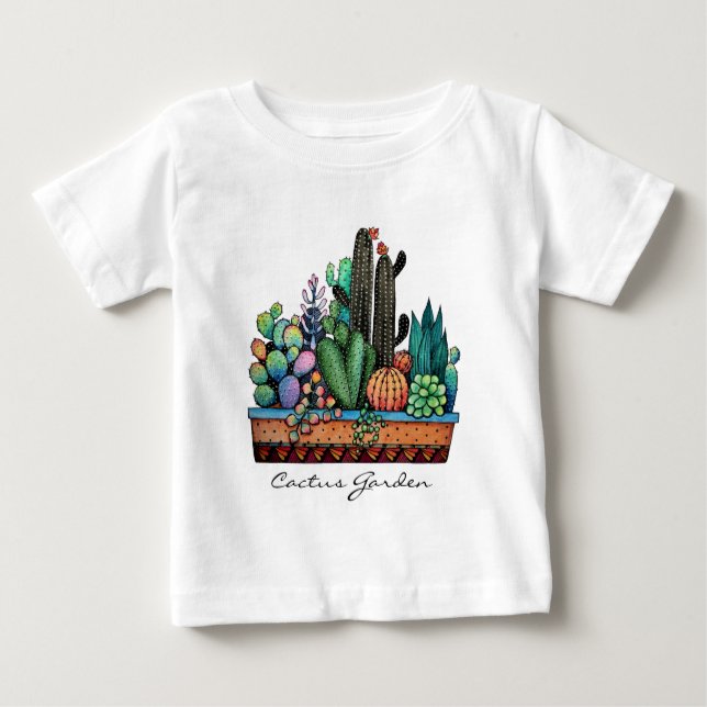 Cute Watercolor Cactus Garden in Pot T Shirt (Framsida)