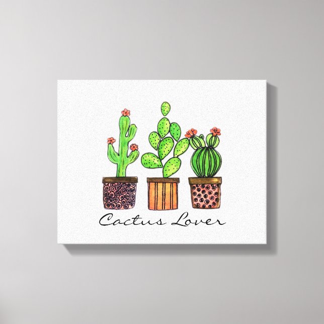 Cute Watercolor Cactus in Pots Canvastryck (Framsida)
