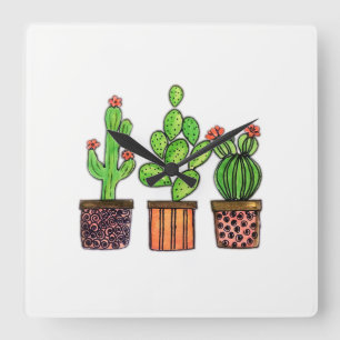 Cute Watercolor Cactus in Pots Fyrkantig Klocka