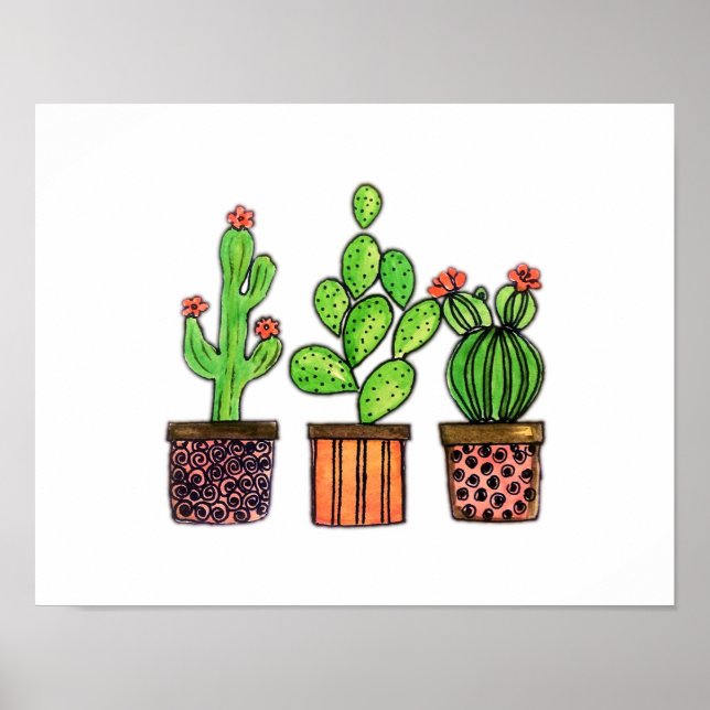 Cute Watercolor Cactus in Pots Poster (Framsidan)