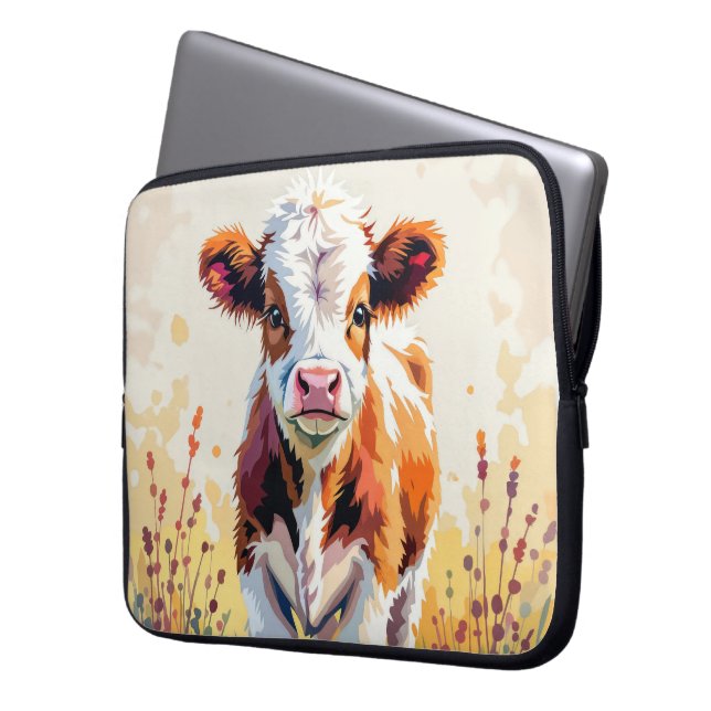 Cute Watercolor Calf In Field Flowers Laptop Fodral (Framsidan Vänster)